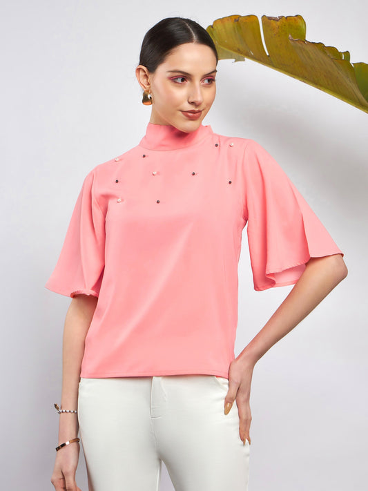 Women's Peach Pearl Studded Top