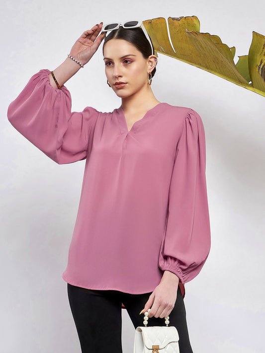 Women's Pink Puff Sleeves V-Neck Blouse