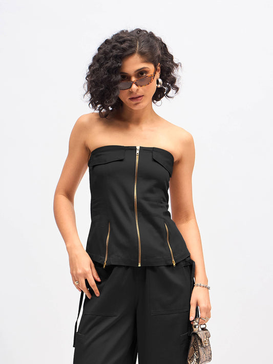 Women's Black Twill Front Zip Detail Corset Top