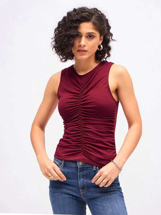 Women's Maroon Box Back Front Ruched Top