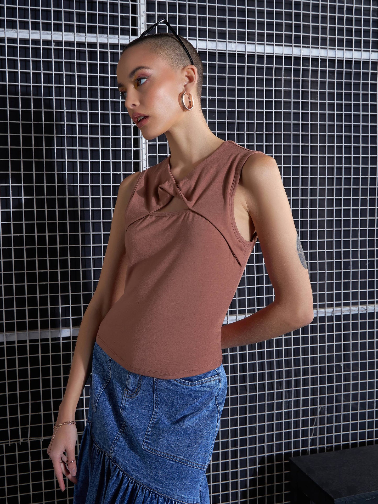 Women's Brown Neck Twisted Top