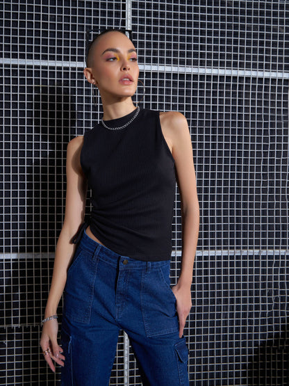 Women's Black Rib Side Ruched Crop Top