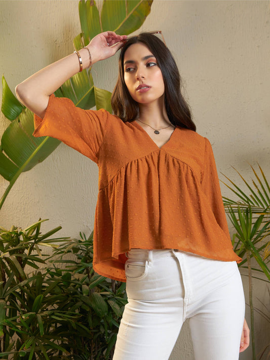 Women's Rust Dobby V-Neck Peplum Top