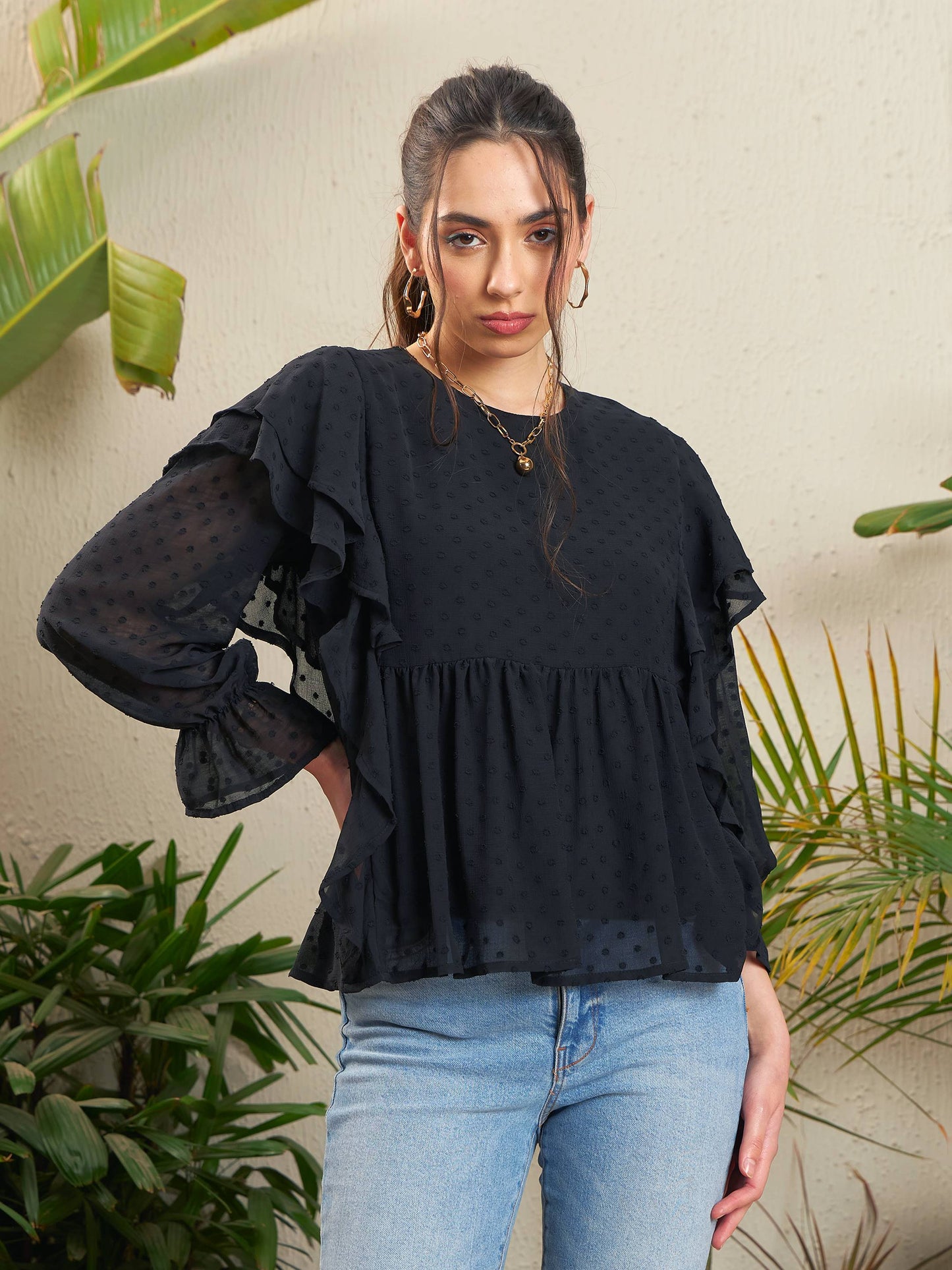 Women's Black Dobby Ruffle Top