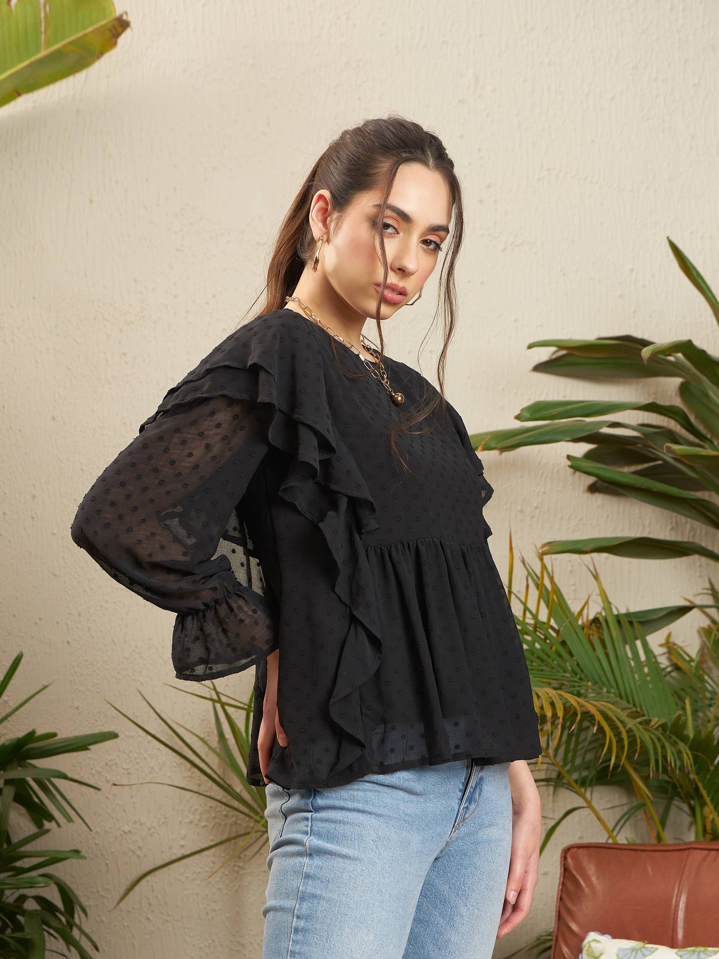 Women's Black Dobby Ruffle Top