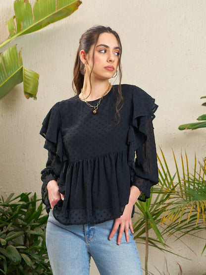 Women's Black Dobby Ruffle Top