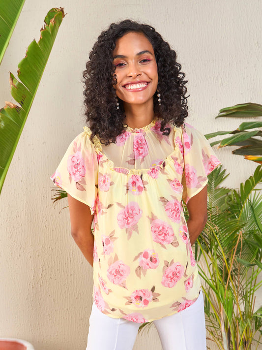 Women's Yellow Floral Frill Neck Top