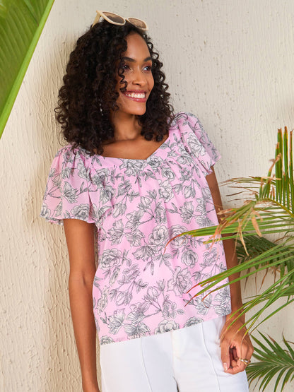 Women's Pink Floral Sweetheart Neck Flared Sleeve Top