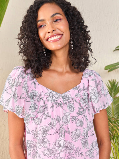 Women's Pink Floral Sweetheart Neck Flared Sleeve Top