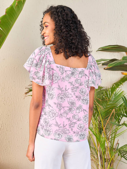 Women's Pink Floral Sweetheart Neck Flared Sleeve Top