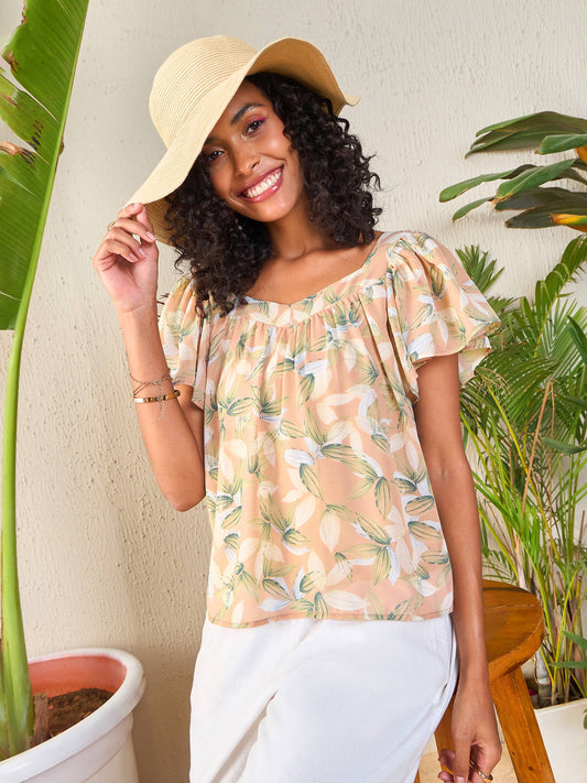 Women's Nude Floral Sweetheart Neck Flared Sleeve Top