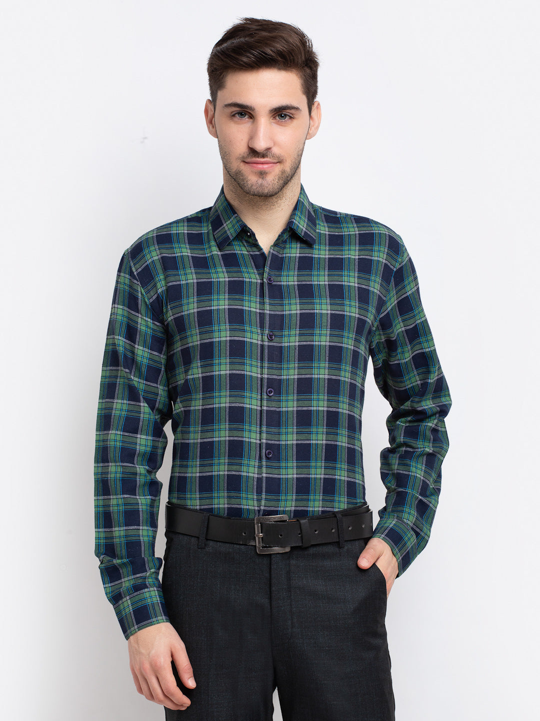 Men's Green Checked Cotton Formal Shirt ( SF 786Green )