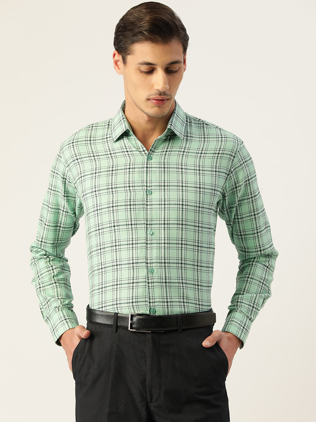 Men's Cotton Checked Formal Shirts ( SF 791Green )