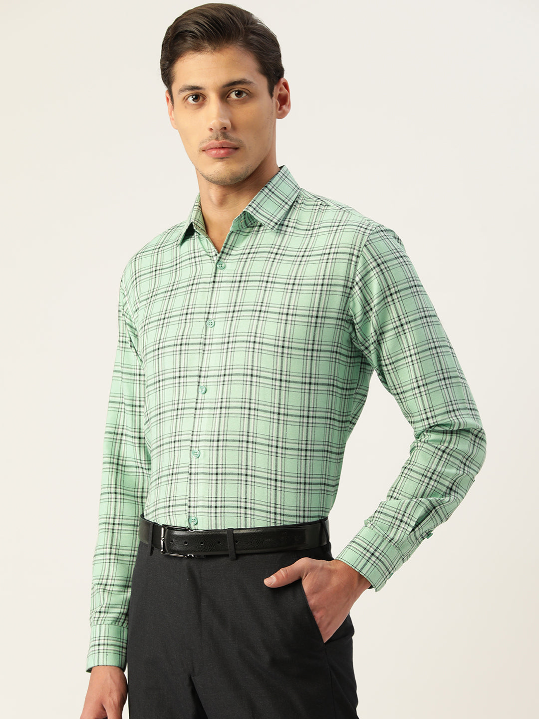 Men's Cotton Checked Formal Shirts ( SF 791Green )