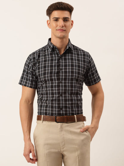 Men's Cotton Checked Half Sleeve Formal Shirts ( SF 808Black )