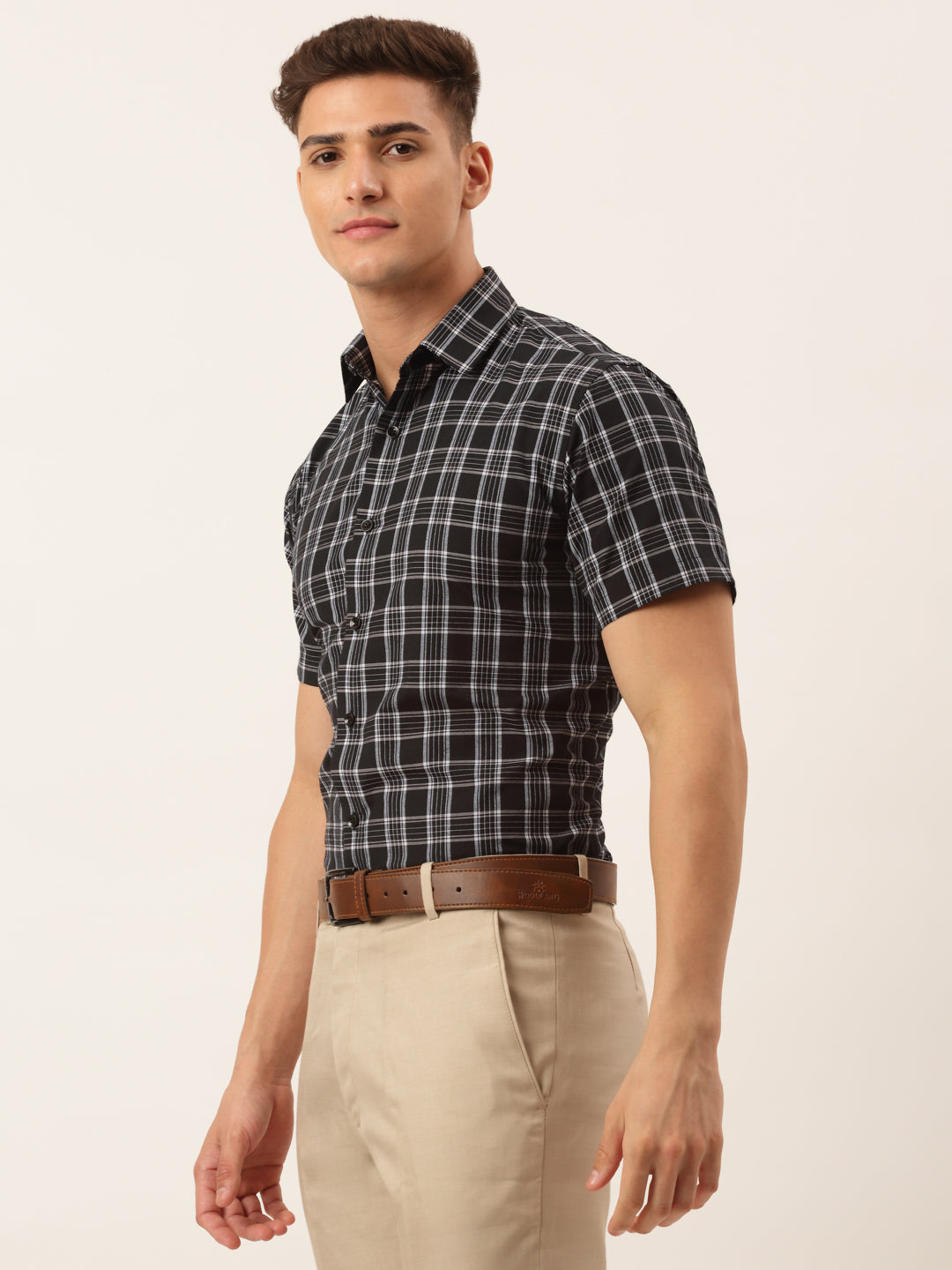 Men's Cotton Checked Half Sleeve Formal Shirts ( SF 808Black )