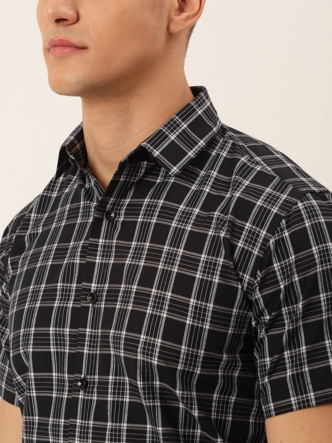 Men's Cotton Checked Half Sleeve Formal Shirts ( SF 808Black )