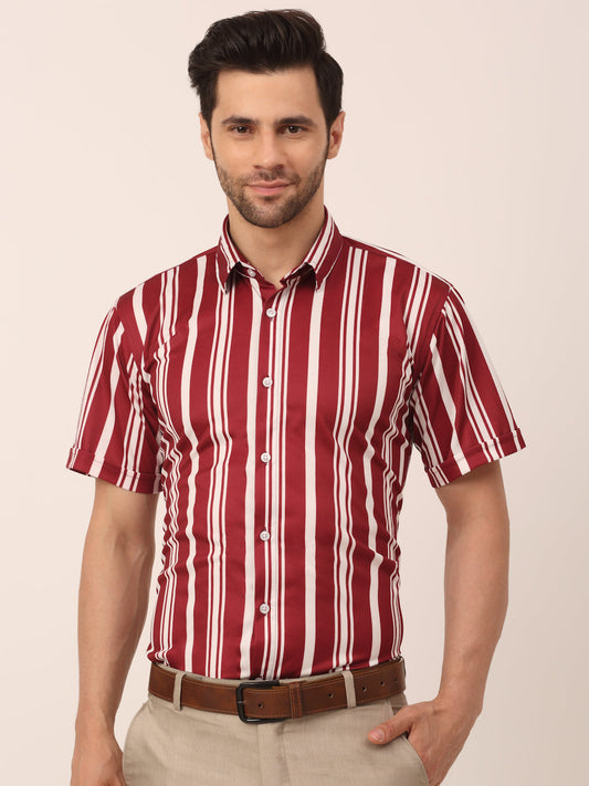 Men's Lycra Striped Half Sleeve Formal Shirts ( SF 812Maroon )