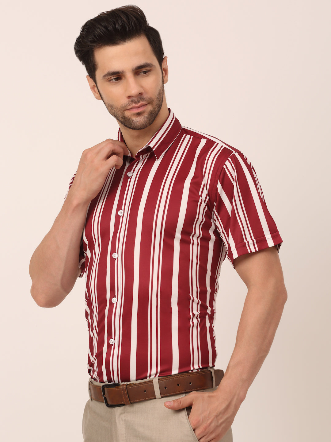 Men's Lycra Striped Half Sleeve Formal Shirts ( SF 812Maroon )