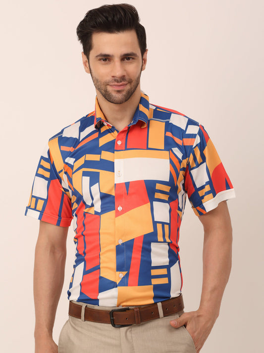 Men's Lycra Printed Half Sleeve Formal Shirts ( SF 814Navy )