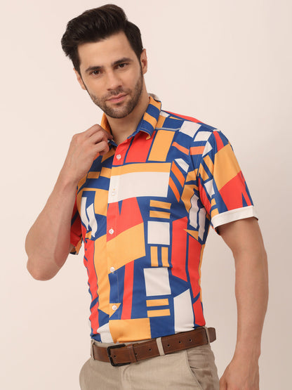 Men's Lycra Printed Half Sleeve Formal Shirts ( SF 814Navy )