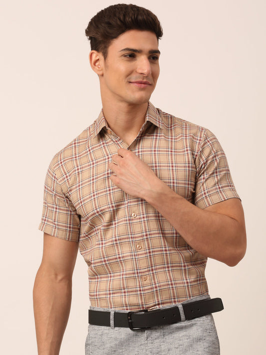 Men's Cotton Checked Half Sleeve Formal Shirts ( SF 815Brown )