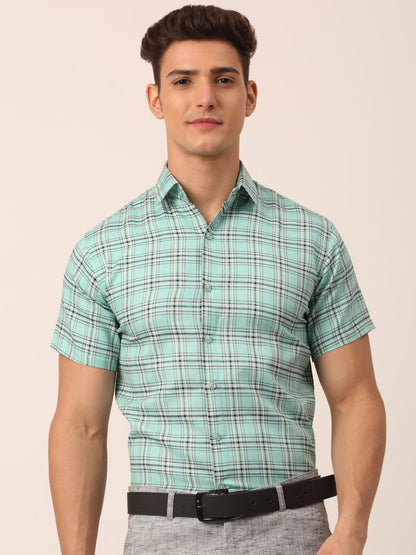 Men's Cotton Checked Half Sleeve Formal Shirts ( SF 815Green )