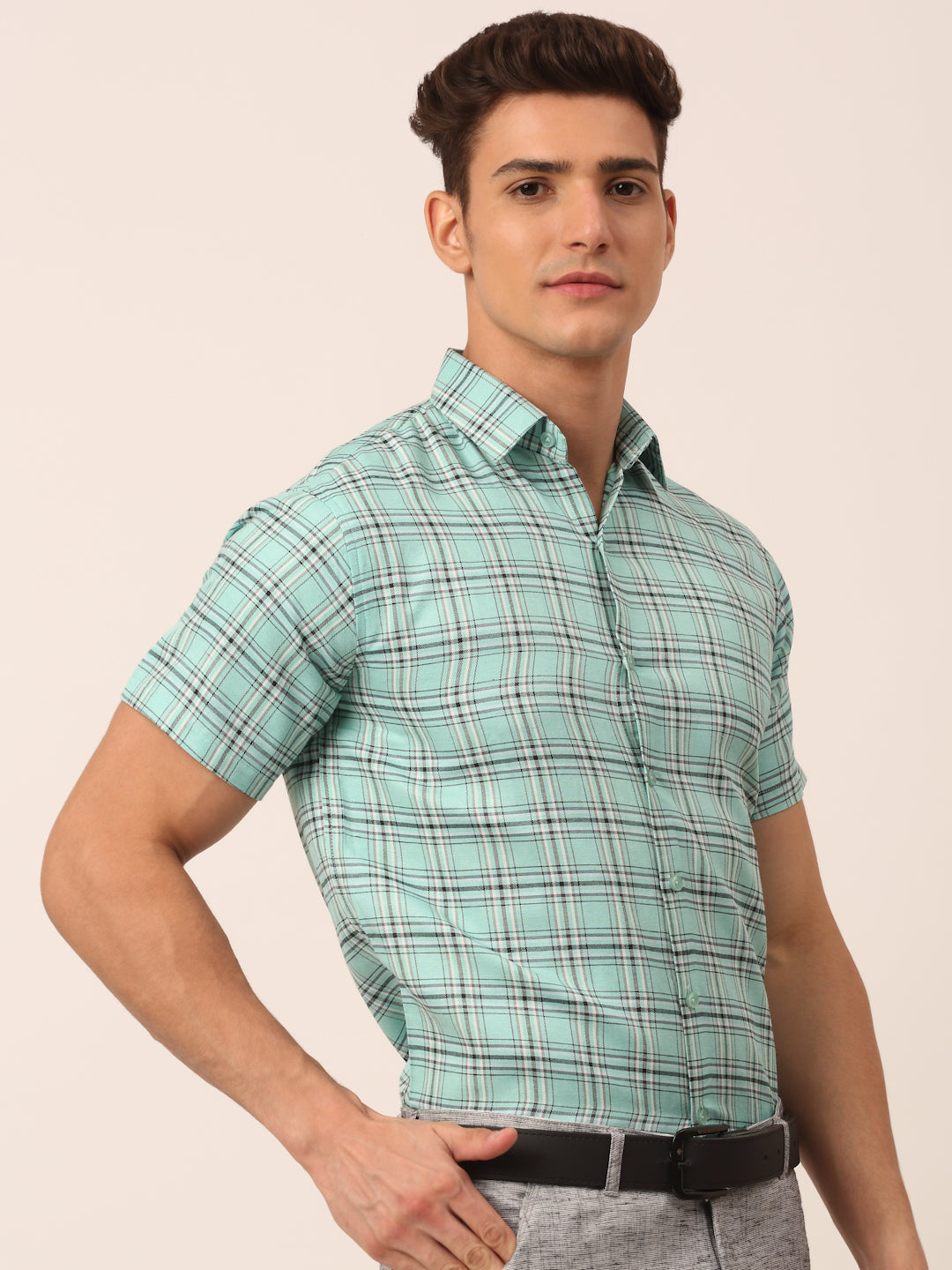 Men's Cotton Checked Half Sleeve Formal Shirts ( SF 815Green )