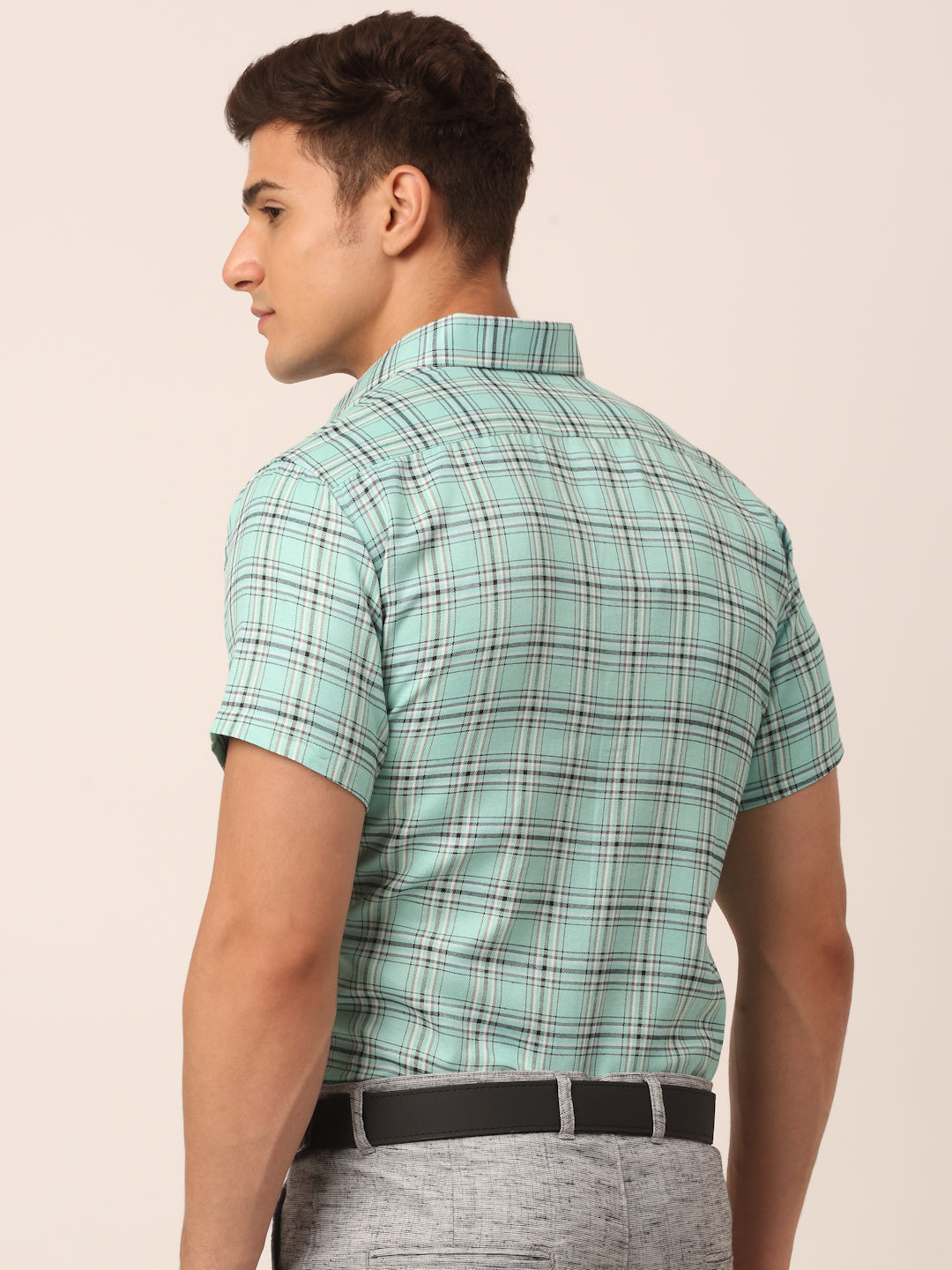 Men's Cotton Checked Half Sleeve Formal Shirts ( SF 815Green )