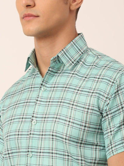 Men's Cotton Checked Half Sleeve Formal Shirts ( SF 815Green )