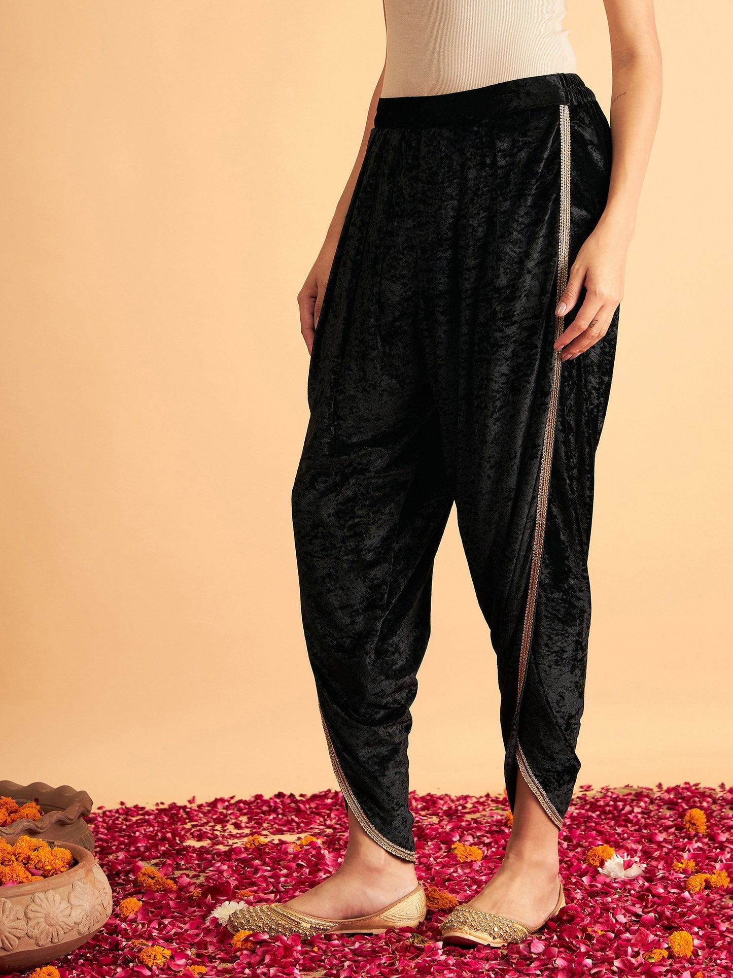 Women's Black Velvet Dhoti Pants