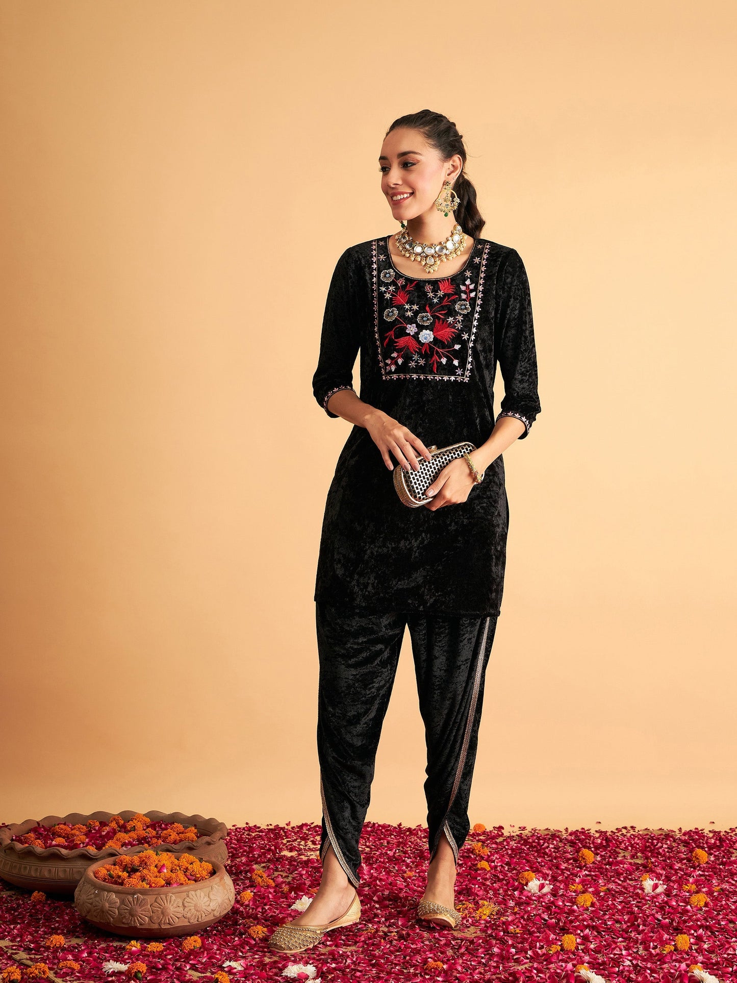 Women's Black Velvet Dhoti Pants