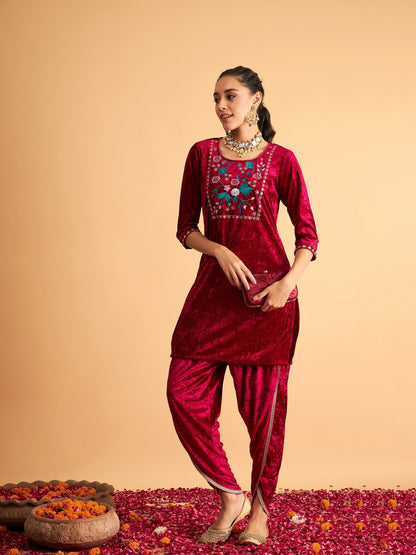 Women's Fuchsia Velvet Dhoti Pants