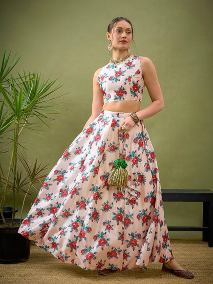 Women's Cream Floral Crop Top With Anarkali Skirt