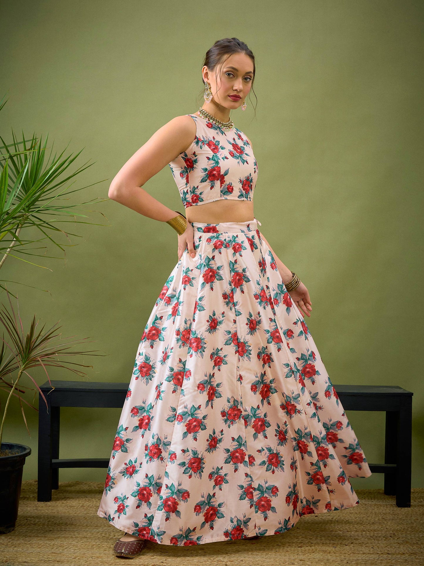 Women's Cream Floral Crop Top With Anarkali Skirt