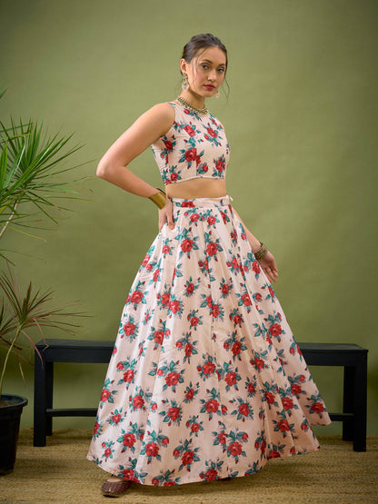 Women's Cream Floral Crop Top With Anarkali Skirt