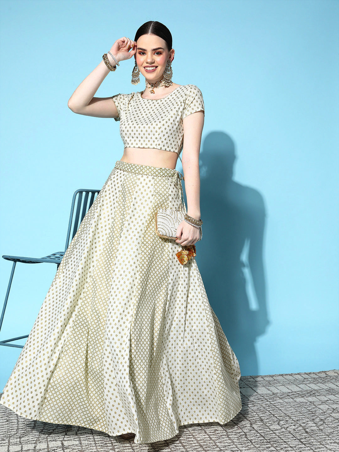 Women's Off White Cotton Silk Foil Crop Top With Anarkali Skirt