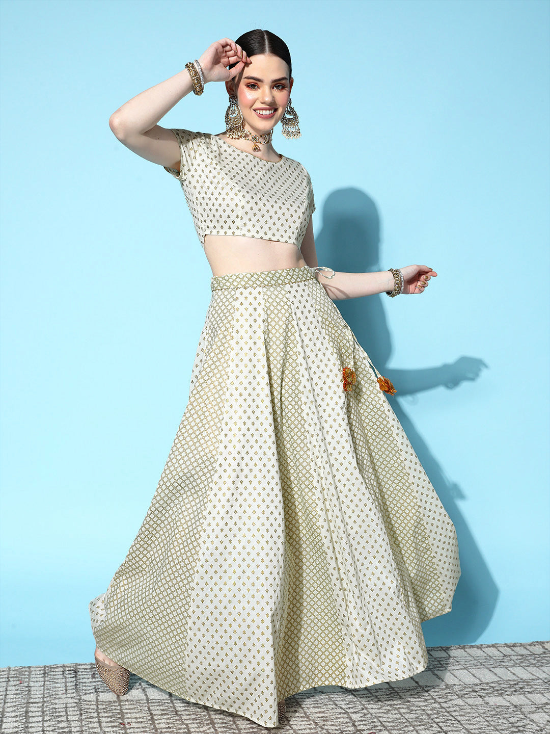 Women's Off White Cotton Silk Foil Crop Top With Anarkali Skirt