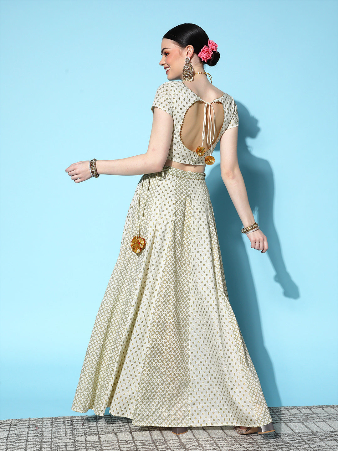 Women's Off White Cotton Silk Foil Crop Top With Anarkali Skirt