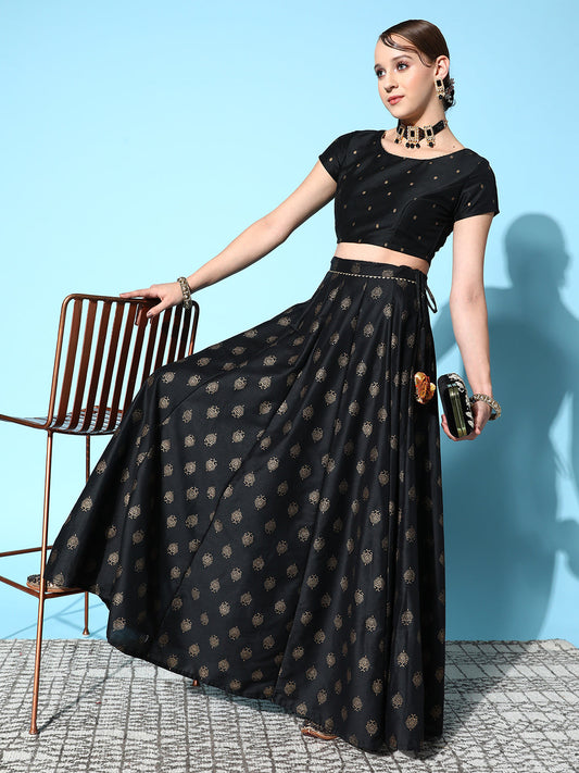 Women's Black Cotton Silk Foil Crop Top With Anarkali Skirt