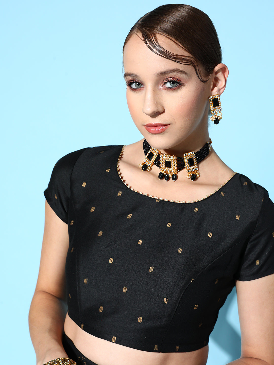 Women's Black Cotton Silk Foil Crop Top With Anarkali Skirt