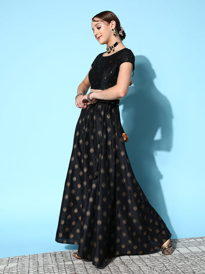 Women's Black Cotton Silk Foil Crop Top With Anarkali Skirt