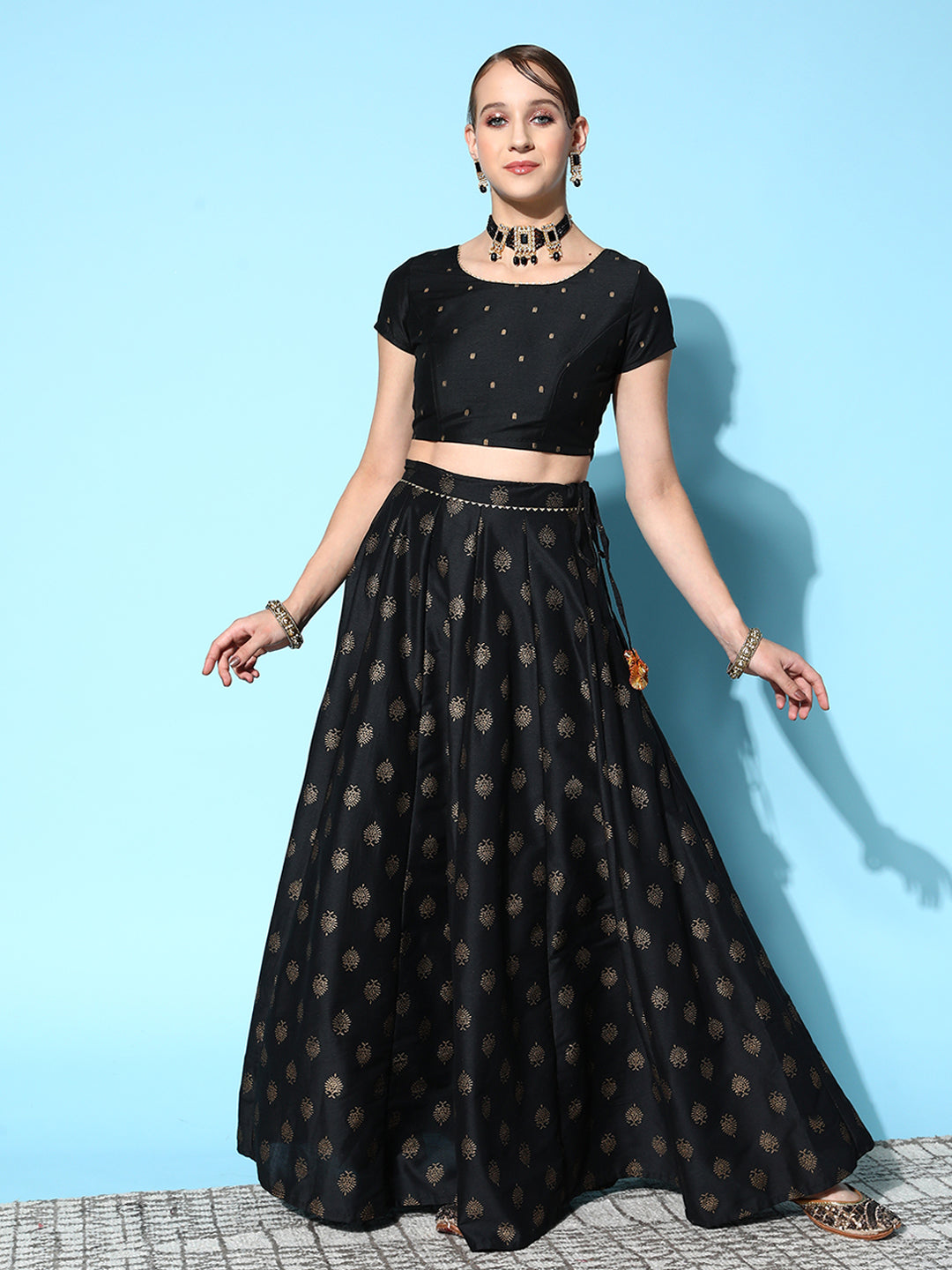 Women's Black Cotton Silk Foil Crop Top With Anarkali Skirt