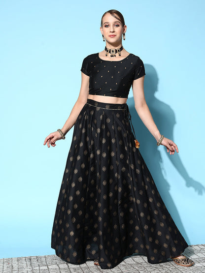 Women's Black Cotton Silk Foil Crop Top With Anarkali Skirt