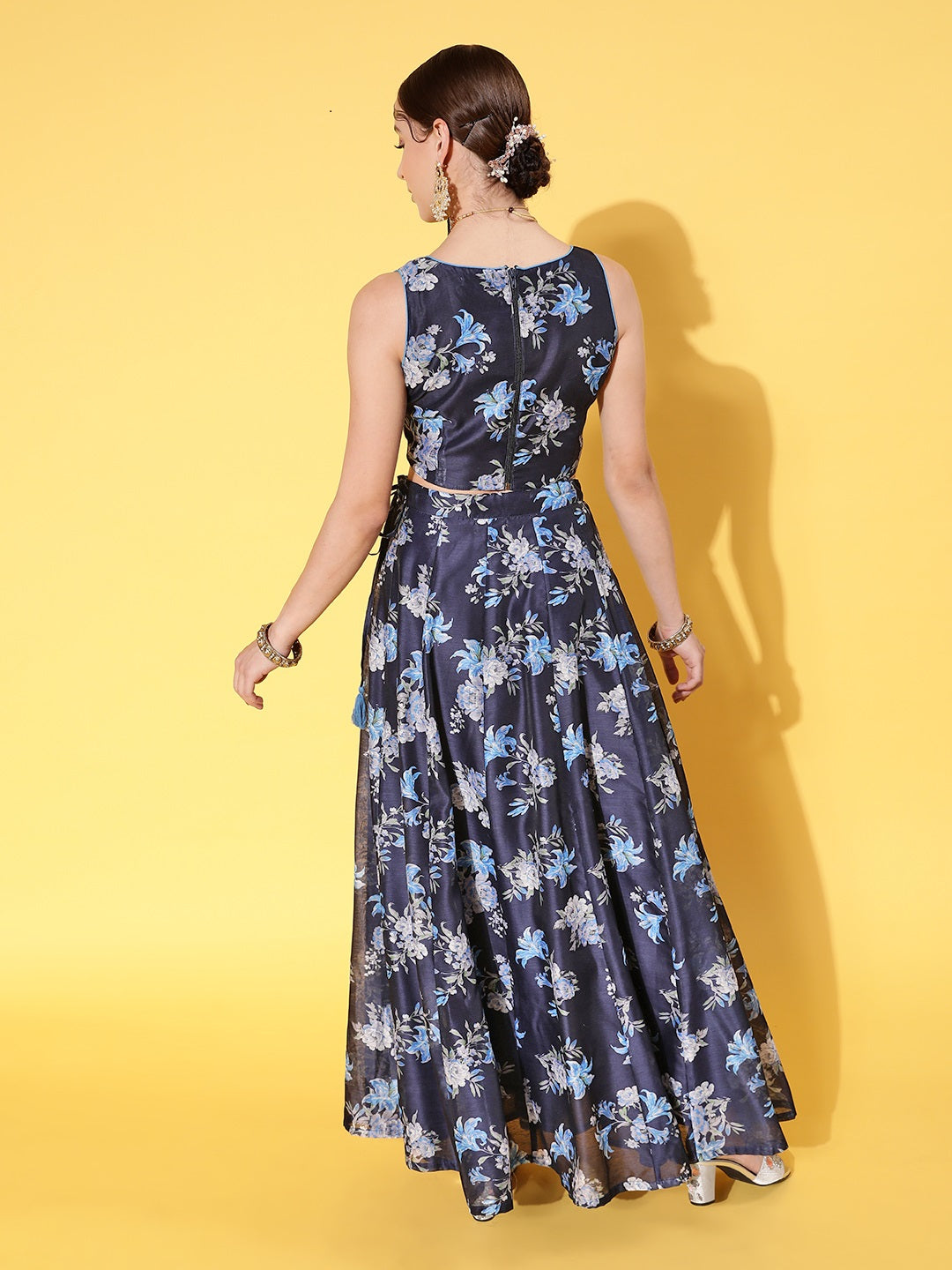 Women's Navy Floral Sweetheart Crop Top With Anarkali Skirt