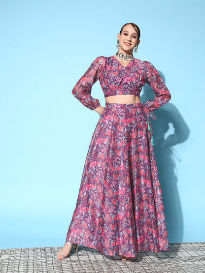 Women's Purple Floral Wrap Crop Top With Anarkali Skirt