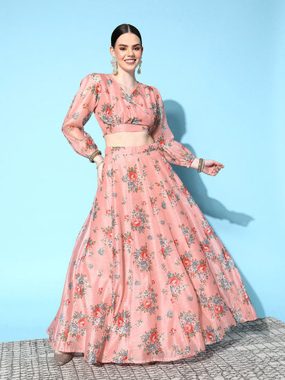 Women's Peach Floral Wrap Crop Top With Anarkali Skirt