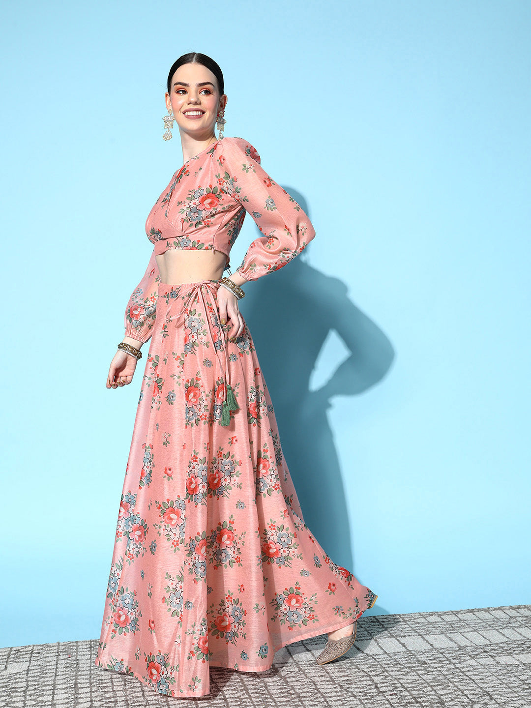 Women's Peach Floral Wrap Crop Top With Anarkali Skirt