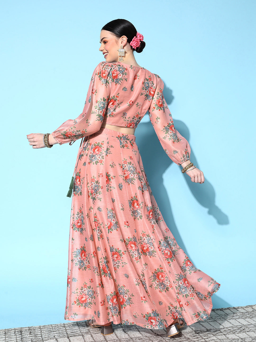 Women's Peach Floral Wrap Crop Top With Anarkali Skirt