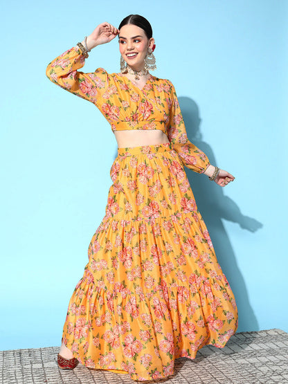 Women's Yellow Floral Wrap Crop Top With Tiered Skirt